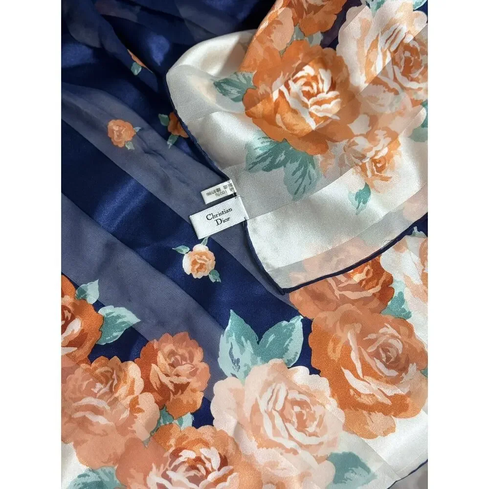 Auth Christian Dior Colorful Floral Stripe Silk Scarf 34 By 34